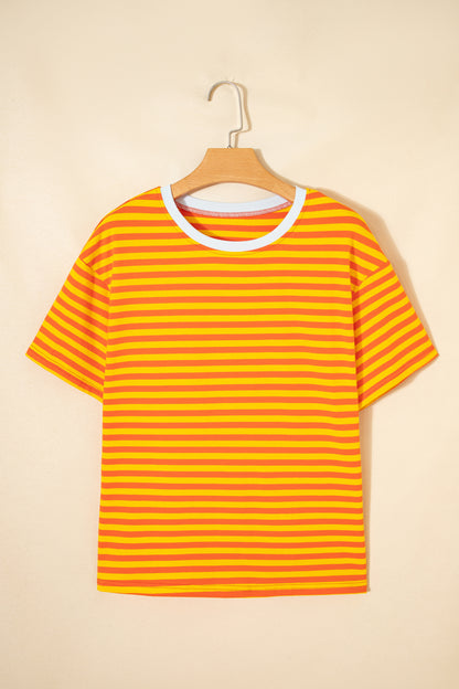 Stripe Contrast Crew Neck Drop Shoulder Loose Tee (Other Colors)