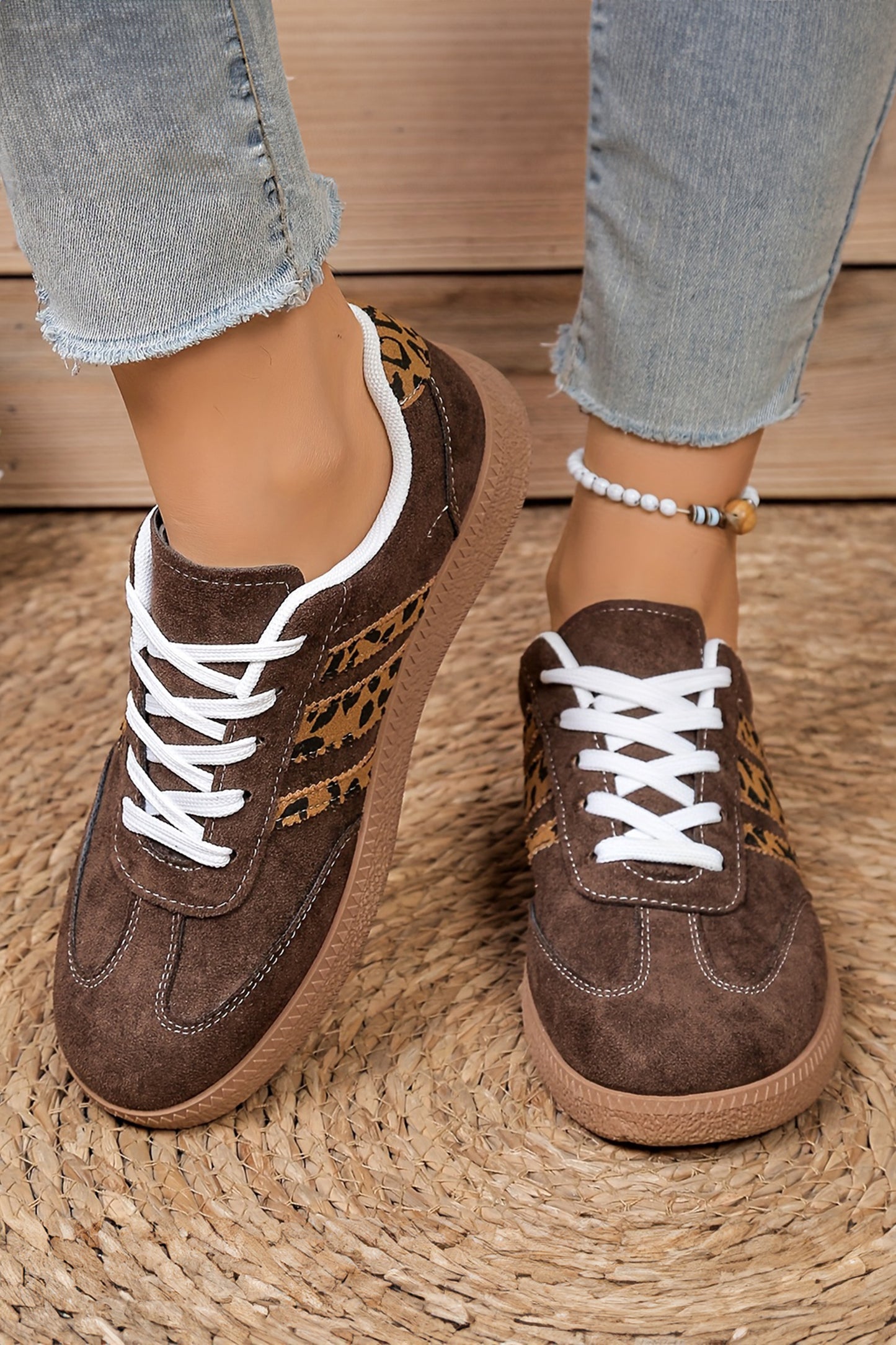 Coffee Contrast Lace-up Leopard Patchwork Details Shoes