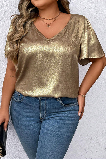 Gold Metallic V Neck Short Sleeve Blouse