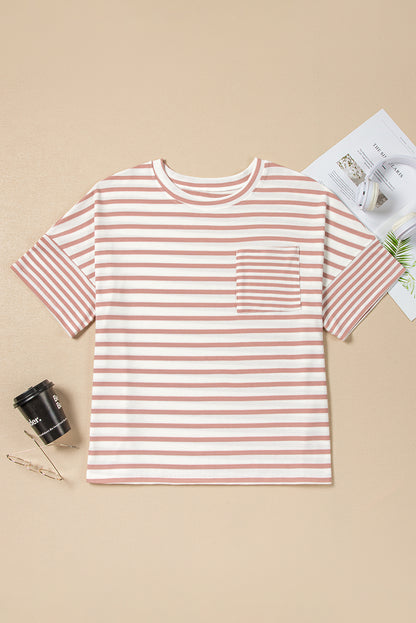 Pink Stripe Waffle Knit Pocketed Half Sleeve T Shirt