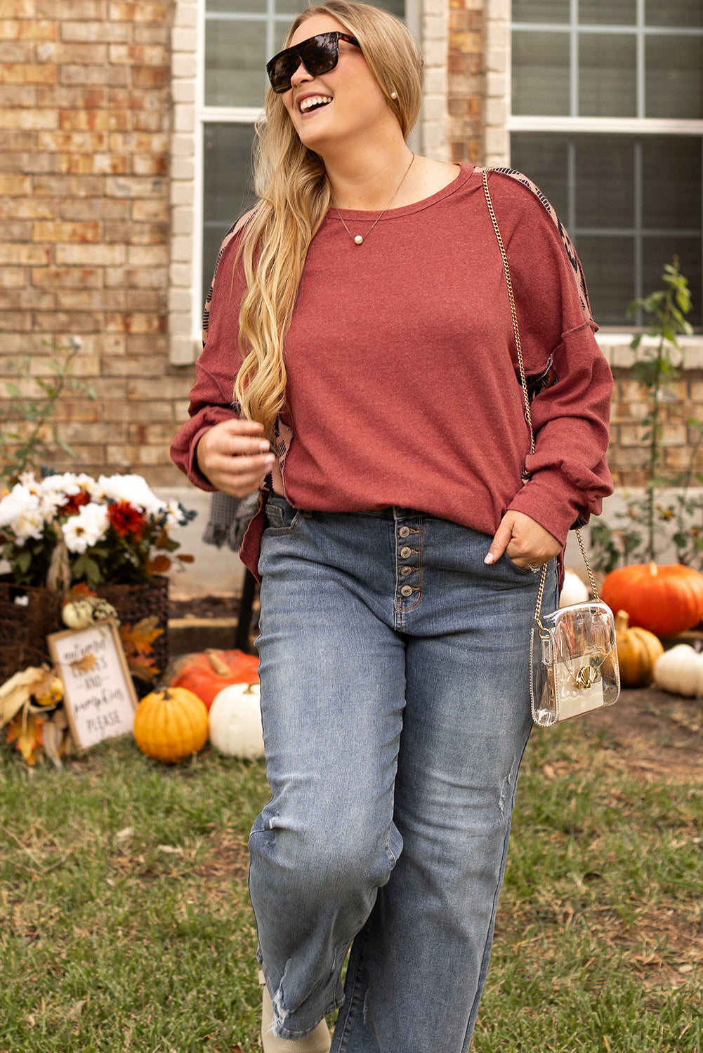 Redwood Burl Aztec Patchwork Drop Shoulder High Low Sweatshirt