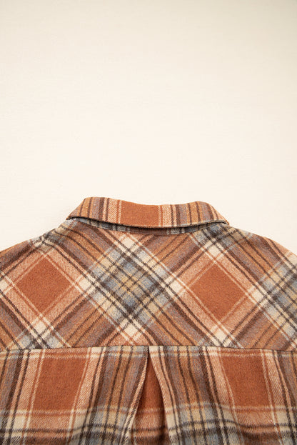 Brown Plaid Print Flap Pocket Buttoned Shacket