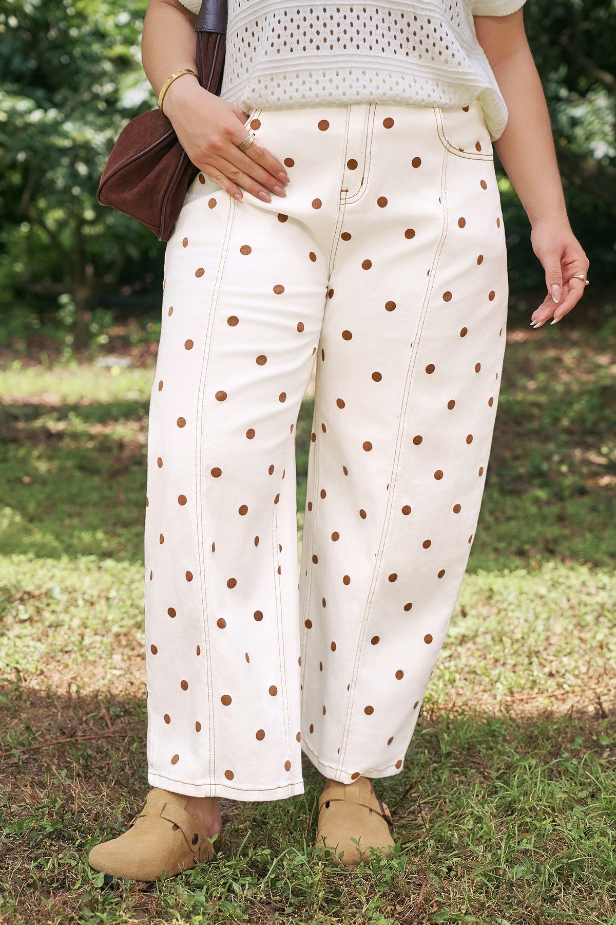 Beige Polka Dot Print Barrel Jeans