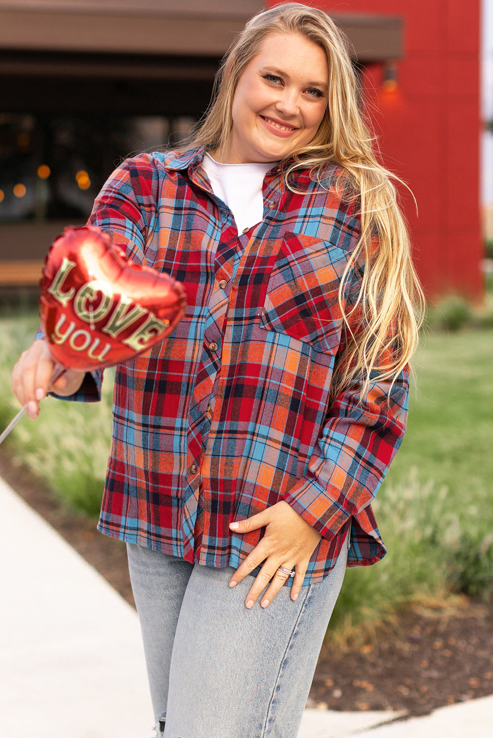 Red Plaid Print Buttoned Shirt