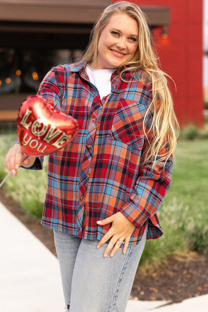 Red Plaid Print Buttoned Shirt