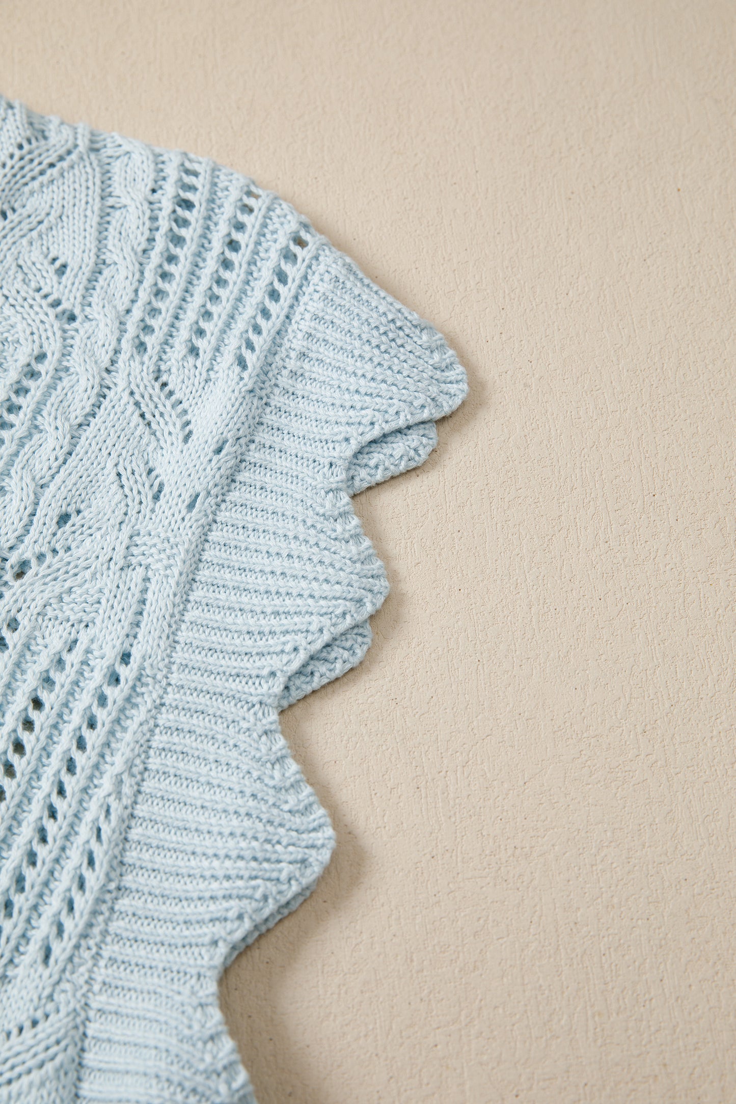 Bonbon Pointelle Knit Patterned Scalloped Trim Short Sleeve Sweater (Other Colors)