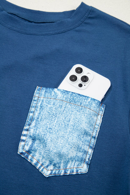 Color Block Chest Pocket Patched Casual Short Sleeve Top (Other Color)