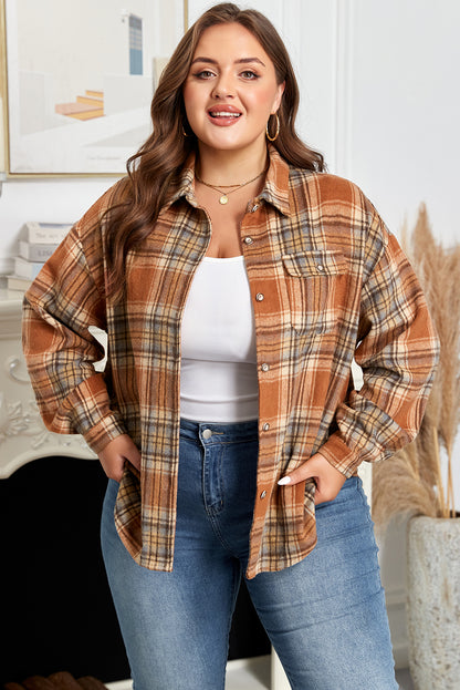 Brown Plaid Print Flap Pocket Buttoned Shacket