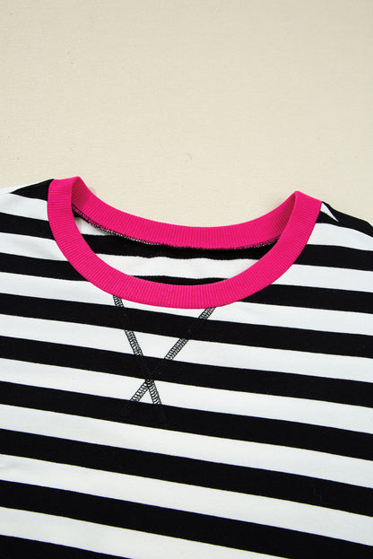 Black Stripe Color Block Edge Pullover and Shorts Sleepwear Set