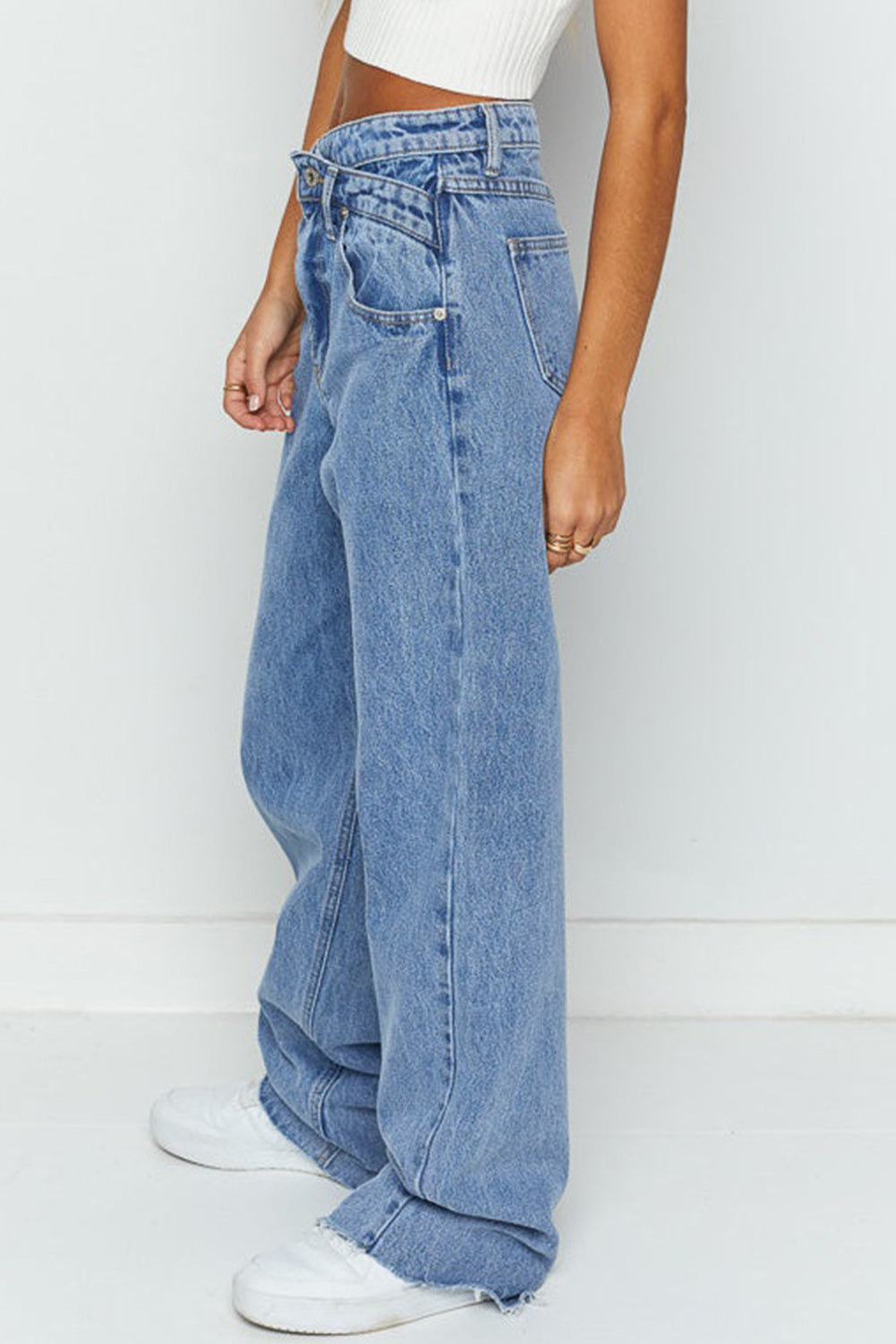 Blue Mid Rise Asymmetrical Waist Wide Leg Jeans (Extended Sizes)