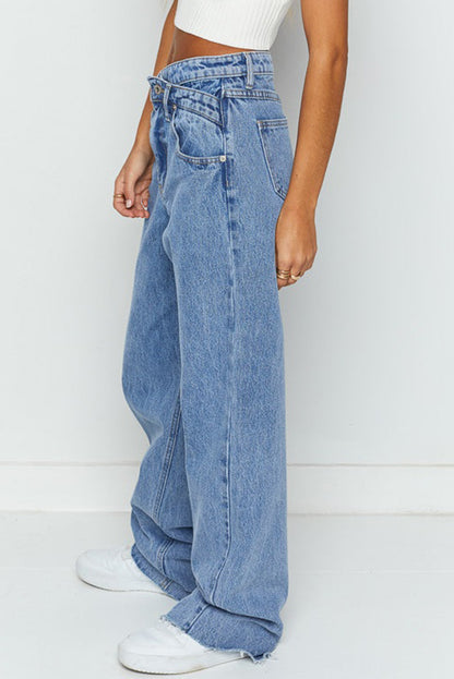 Blue Mid Rise Asymmetrical Waist Wide Leg Jeans (Extended Sizes)