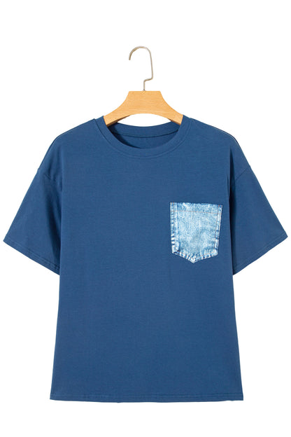 Color Block Chest Pocket Patched Casual Short Sleeve Top (Other Color)