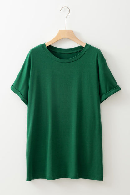 Dark Green Round Neck Rolled Sleeve T-shirt