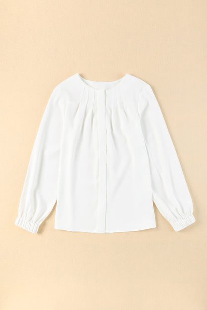 White Crew Neck Gathered Stretch Cuff Shirt (Extended Sizes)