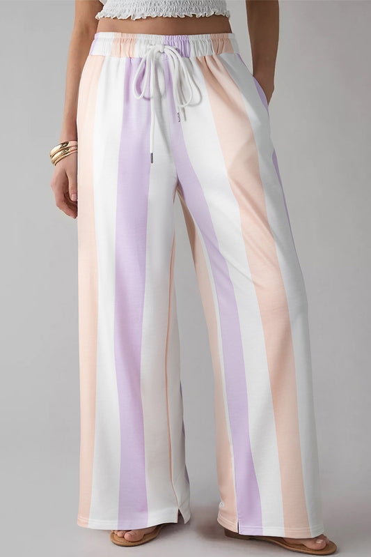 Stripe Multicolored Print Drawstring Loose Pants with Side Pockets