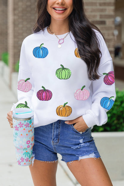 White Colorful Pumpkin Sequin Patched Drop Shoulder Sweatshirt (Extended Sizes)