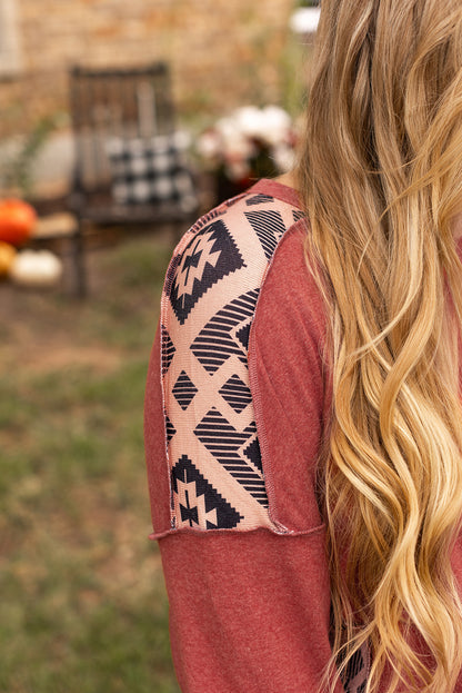 Redwood Burl Aztec Patchwork Drop Shoulder High Low Sweatshirt