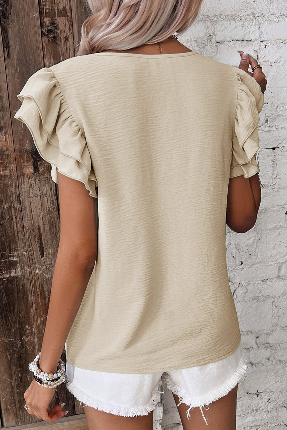 Solid Color Ruffled Short Sleeve Casual Blouse (Other Colors)