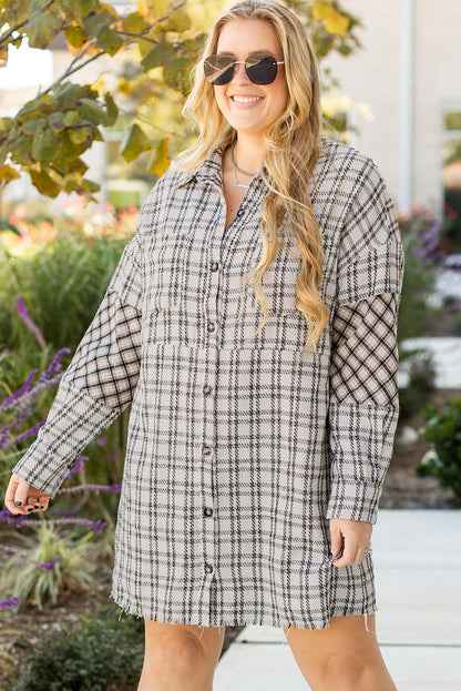 White Stripe Plaid Buttoned Raw Hem Tunic Shirt Dress
