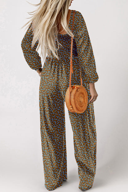 Brown Floral Print Western Smocked Bodice Square Neck Wide Leg Jumpsuit (Extended Sizes)