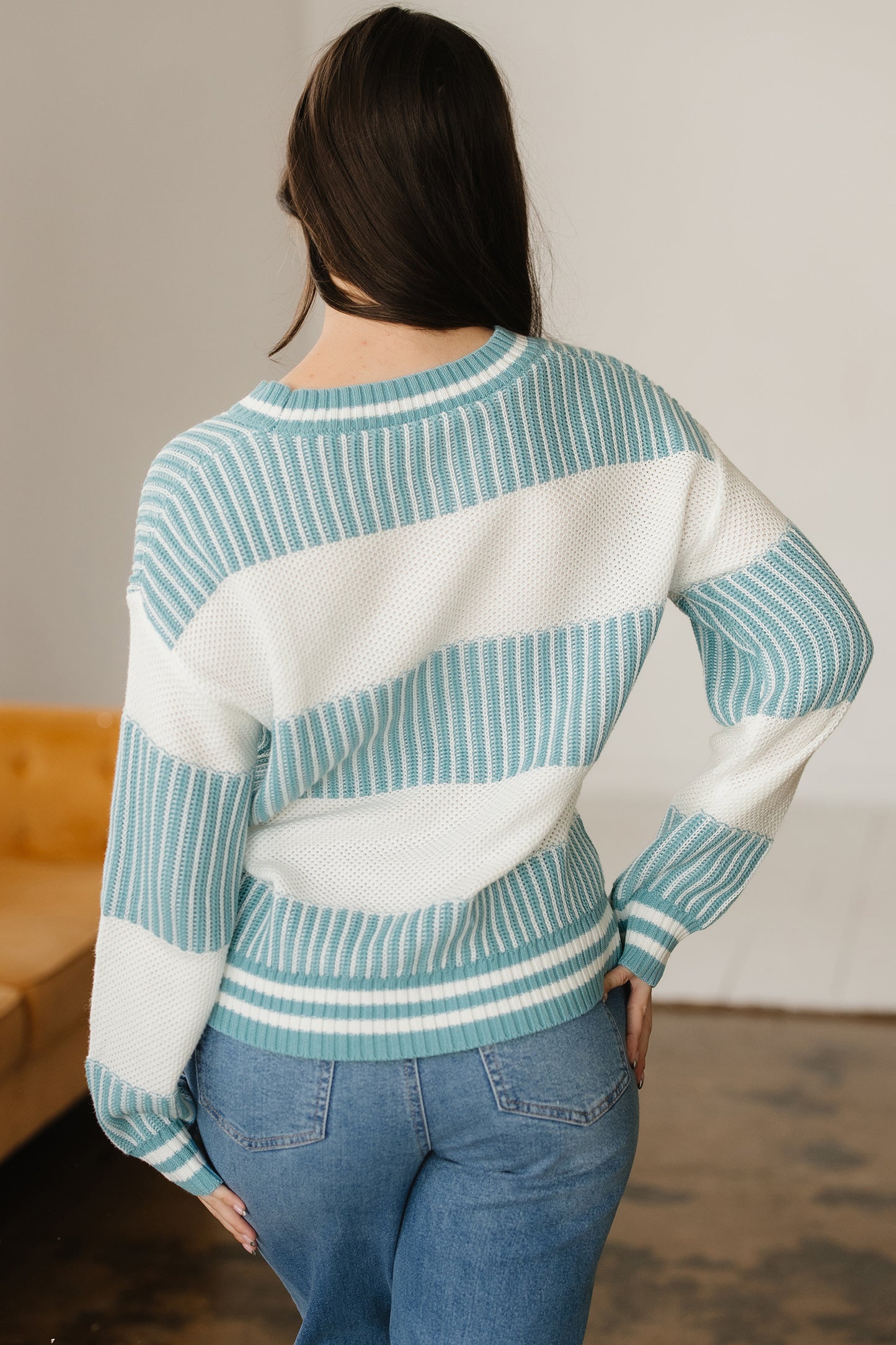Two Tone Striped Patchwork Drop Shoulder Loose Sweater (Other Colors)
