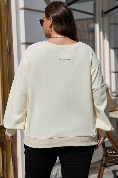 White Solid Color Waffle Knit Drop Shoulder Sweatshirt