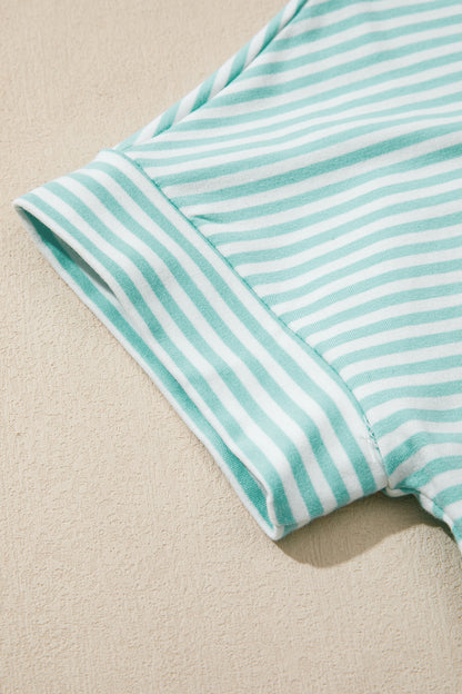 Stripe Cuffed Sleeve Contrast Mock Neck Tee Casual 2pcs Short Set (Other Colors)