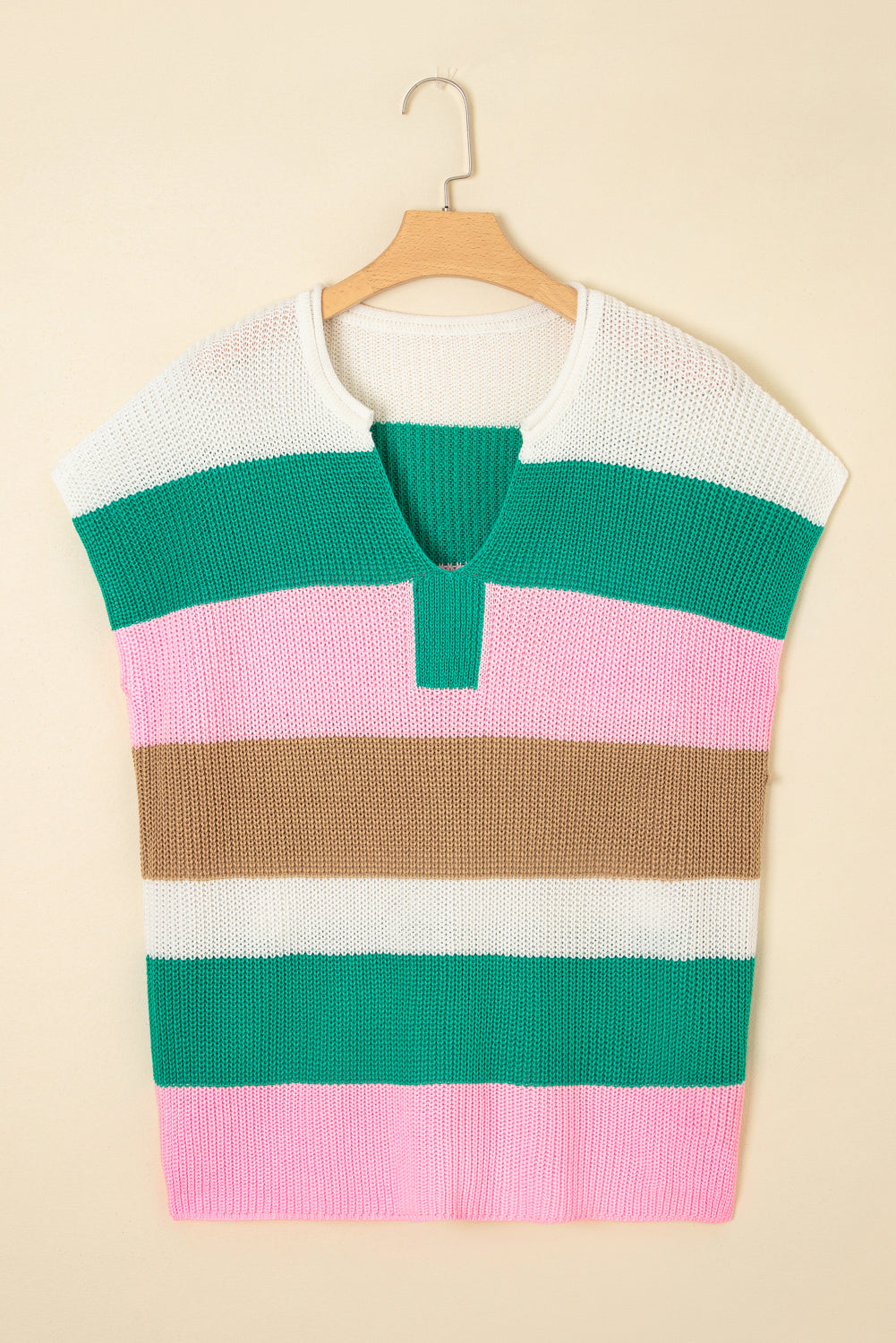 Multicolour Striped Colorblock V Neck Short Sleeve Sweater