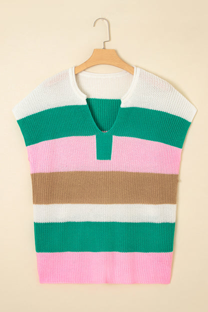 Multicolour Striped Colorblock V Neck Short Sleeve Sweater