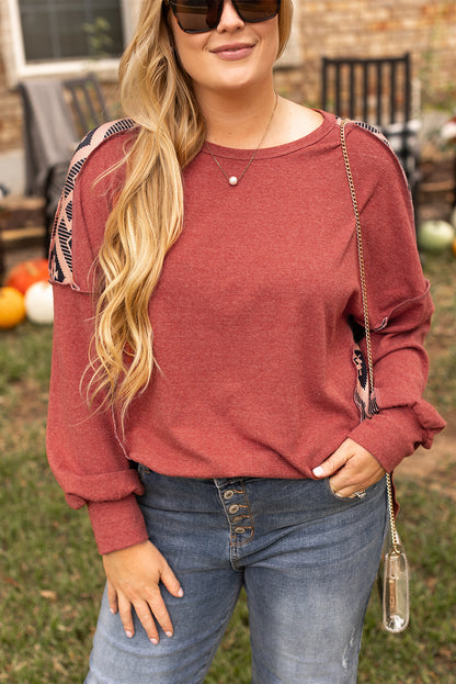 Redwood Burl Aztec Patchwork Drop Shoulder High Low Sweatshirt