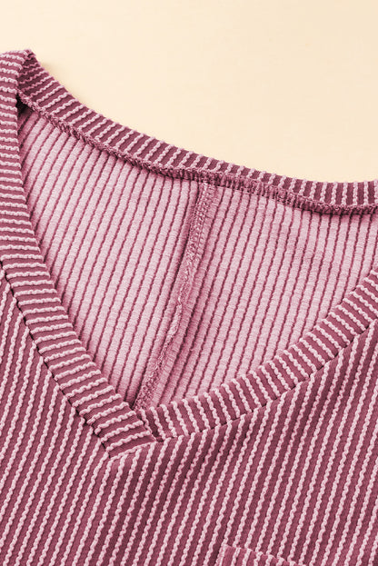 Rose Pink Textured V-Neck Dropped Shoulder T-Shirt