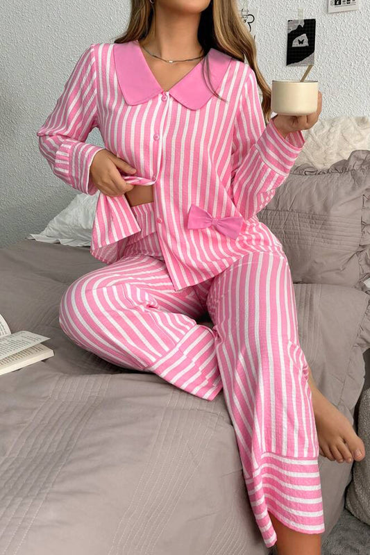 Pink Stripe Buttoned Long Sleeve 2 Piece Sleepwear