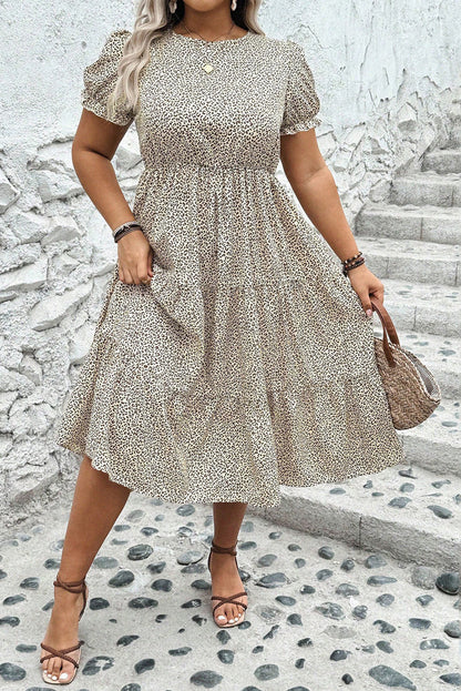Beige Leopard Print Frill Trim Short Sleeve Flared Dress