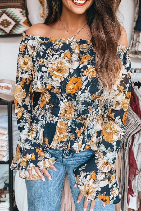 Floral Off Shoulder Bell Sleeve Smocked Peplum Top