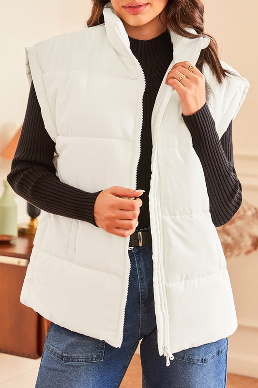 Beige Zipper Stand Neck Oversized Puffer Vest (Extended Sizes)