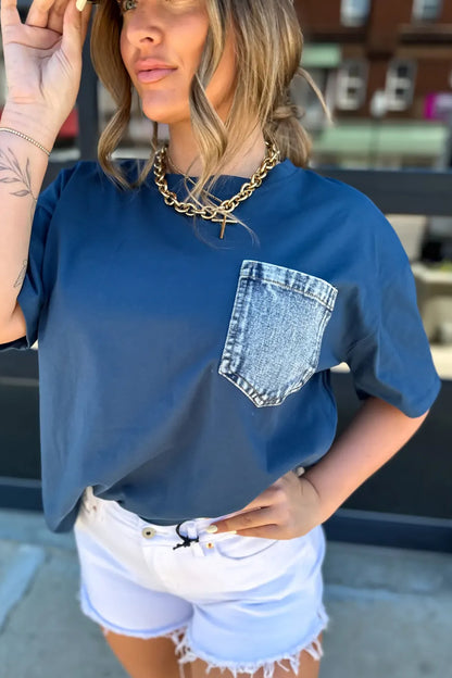 Color Block Chest Pocket Patched Casual Short Sleeve Top (Other Color)