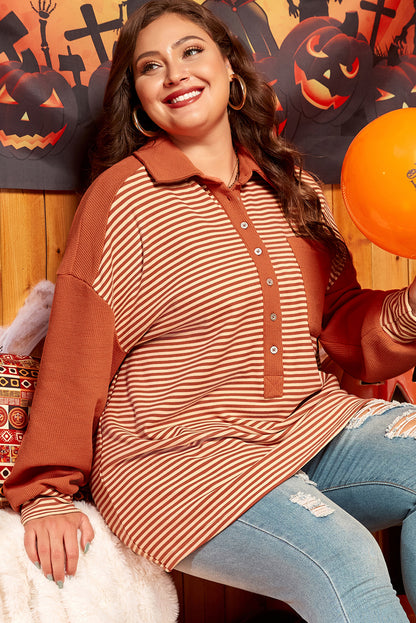 Red Stripe Textured Patched Drop Shoulder Buttoned Sweatshirt