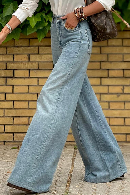 Dusk Blue Acid Wash Extra Wide Leg High Waist Long Jeans (Extended Sizes)
