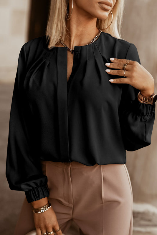 Black Crew Neck Gathered Stretch Cuff Shirt (Extended Sizes)