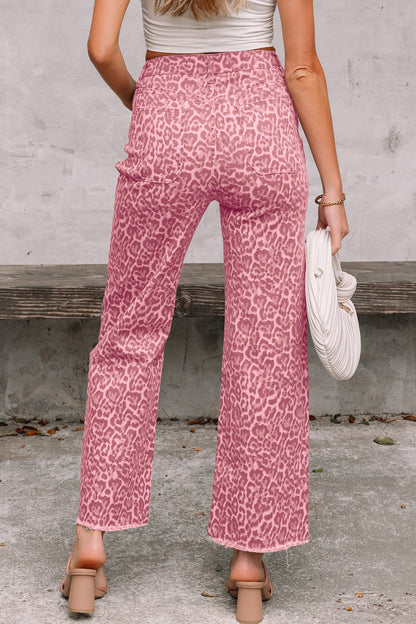Leopard Frayed Edge Wide Leg High Waist Jeans (Other Colors)