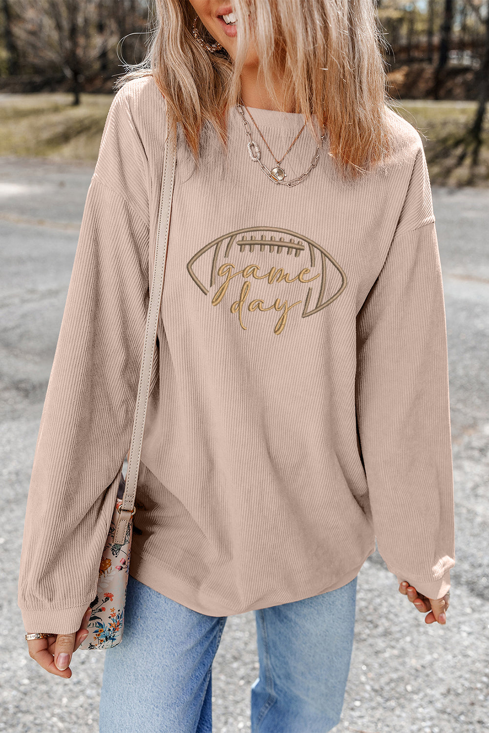 Apricot Rugby Game Day Embroidered Corduroy Sweatshirt (Extended Sizes)