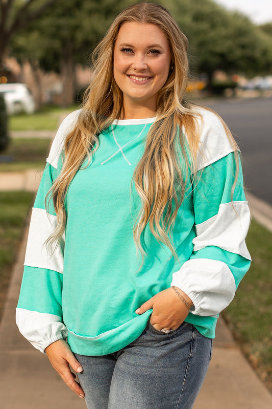 Aruba Blue Colorblock Patchwork Cross Seam Sweatshirt