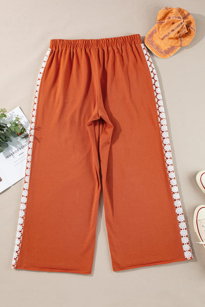 Gold Flame Floral Crochet Patch Drawstring Wide Leg Pants