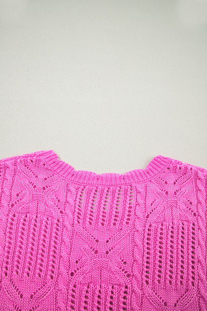 Bonbon Pointelle Knit Patterned Scalloped Trim Short Sleeve Sweater (Other Colors)