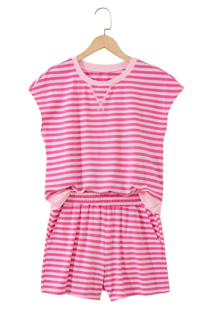 Pink Stripe Cap Sleeve Tee Elastic Waist Shorts 2pcs Outfit