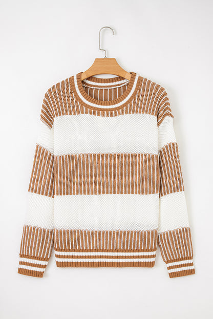Two Tone Striped Patchwork Drop Shoulder Loose Sweater (Other Colors)