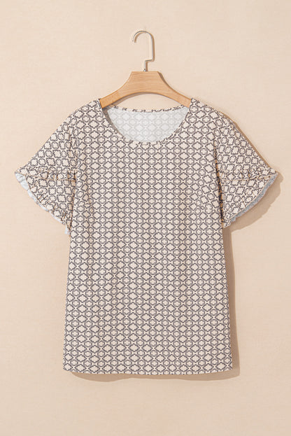 Khaki Geometric Print Ruffled Sleeve Blouse
