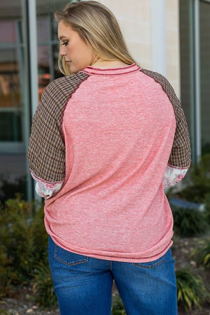 Pink Checkered Paisley Patchwork Raglan Sleeve Seamed Top