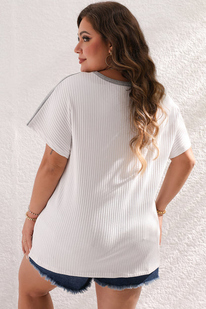 White Colorblock Patchwork Batwing Sleeve Ribbed T Shirt