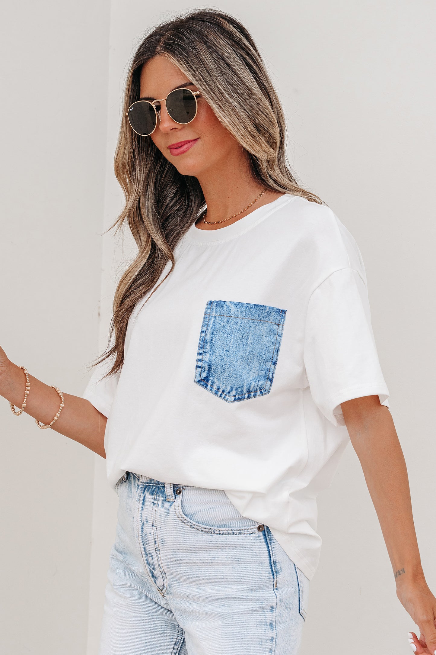 Color Block Chest Pocket Patched Casual Short Sleeve Top (Other Color)